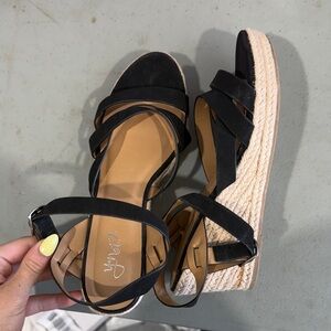 Black Strappy Espadrille Wedge Sandals - Women